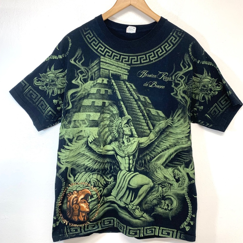 Yazbek Aztec Mayan Graphic T-Shirt Black Green Men Large All Over Print Mexico